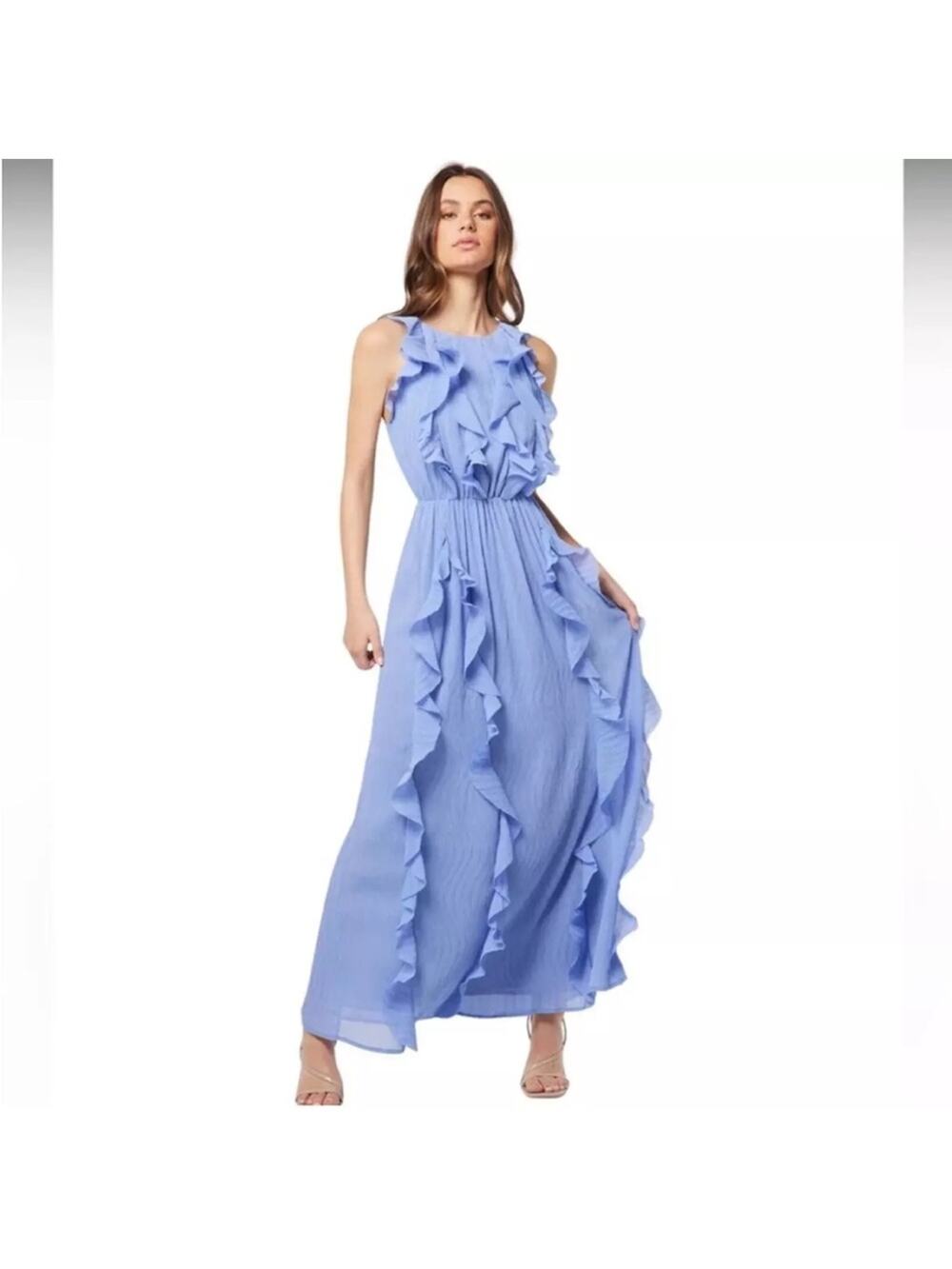 elliatt alabaster blue waterfall ruffle detail open back maxi gown dress small